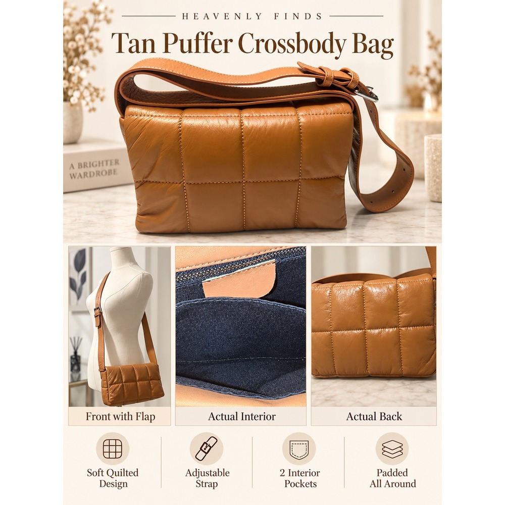 Tan Puffer Crossbody Bag Quilted Padded Adjustable Strap Cassette Style NWOT